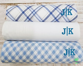 Mens Handkerchief Set of 3, Monogram Handkerchiefs, Blue Plaid, 100% Cotton, Hankies Gift for Grandpa,Gift for Him,Personalized Handkerchief