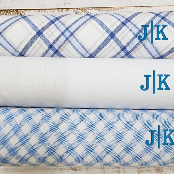 Mens Handkerchief Set of 3, Monogram Handkerchiefs, Blue Plaid, 100% Cotton, Hankies Gift for Grandpa,Gift for Him,Personalized Handkerchief