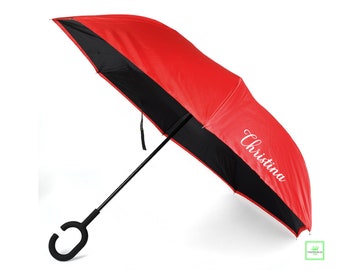 Monogrammed Red Inverted Umbrella, Personalized C-Handle Design