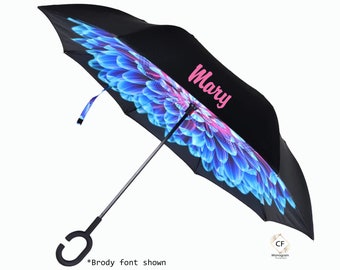 Paraguas invertido personalizado, flor de mosaico azul, regalo con monograma