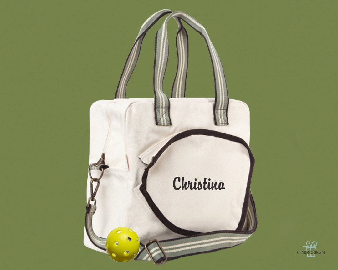 Pickleball Bag Monogrammed Natural Canvas Tote Bag With Stripe, Natural & Green Pickleball Bag