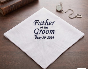 Personalized Father of the Groom Handkerchief, Navy Blue Embroidery, Wedding Date Gift, Cotton Keepsake