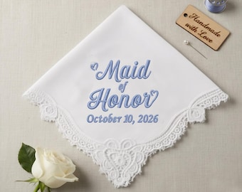 Maid of Honor Handkerchief, Personalized Wedding Gift for Sister, Custom Embroidered Wedding Keepsake, Something Blue Gift