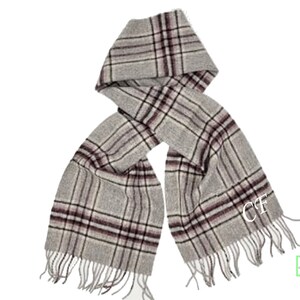 Embroidered Wool Scarf, Grey and burgundy Monogrammed Plaid Scarf Monogram Scarf, Gift for Her, Personalized Scarf, Tartan Plaid image 1