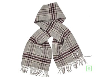 Embroidered Wool Scarf, Grey and burgundy Monogrammed Plaid Scarf - Monogram Scarf, Gift for Her, Personalized Scarf, Tartan Plaid