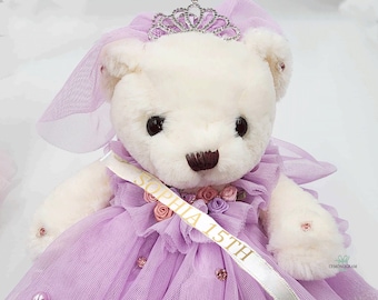 Oso de peluche personalizado para quinceañera, muñeca de 30 cm, vestido de tul.