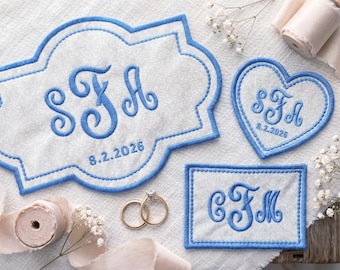 Something Blue Wedding Dress Label, Embroidered Monogram Bouquet Wrap, Groom Tie Patch Set