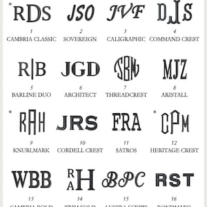 Puede incluir: Un gr&aacute;fico blanco con 16 estilos de monogramas, cada uno con una fuente y un dise&ntilde;o &uacute;nicos. El texto "ELIGE UN ESTILO DE MONOGRAMA" est&aacute; en la parte superior. Cada estilo est&aacute; etiquetado con un n&uacute;mero y un nombre.