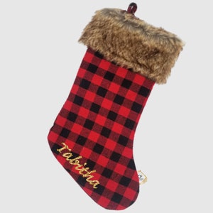 Personalized Christmas stockings, Buffalo plaid stockings, Faux Fur Stockings, Buffalo check decor, Rustic