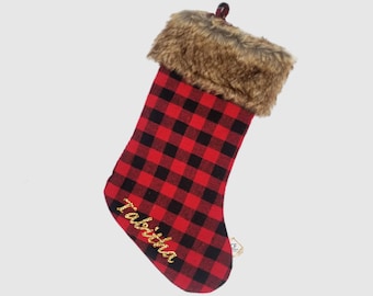 Personalized Christmas stockings, Buffalo plaid stockings, Faux Fur Stockings, Buffalo check decor, Rustic