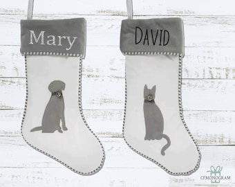 Personalized Grey Dog Stocking, Dog Stocking, Pet Christmas Stocking with Custom Name, Cat Christmas Decor