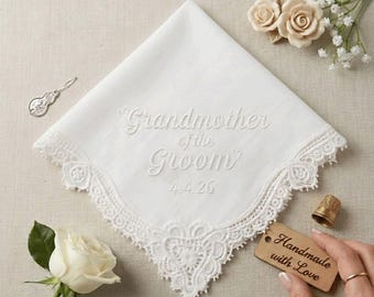 Embroidered Grandmother of the Groom Handkerchief | Custom Cotton Wedding Keepsake