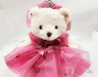 Oso de peluche personalizado para quinceañera, vestido de tul rosa, regalo para los dulces 15