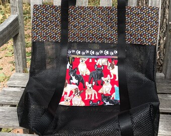 Mesh Tote Bag – French Bulldog - small pocket – black with tan and gray paw prints