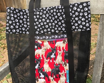 Mesh Tote Bag – French Bulldog - large pocket – black and white paw prints