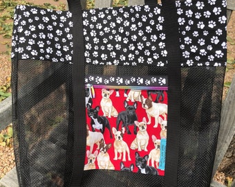 Mesh Tote Bag – French Bulldog - small pocket – black and white paw prints