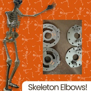 May include: An orange background with a repeating skeleton pattern features a skeletal figure and two sets of metal skeleton elbow joints. Text reads "12' SKELETON ELBOW JOINTS" and "Skeleton Elbows! Set of 2". A Halloween theme.