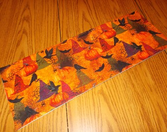 Halloween Witch Hats Crows Pumpkins small kitchen table cover bath décor handmade MINI table runner toilet tank topper (approx. 7.5" X 20")