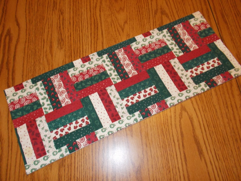 approx. 7.5 X 20 Christmas quilt style block birds trees paisley wreaths pine branches handmade MINI table runner toilet tank topper
