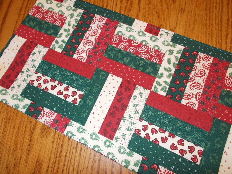 approx. 7.5 X 20 Christmas quilt style block birds trees paisley wreaths pine branches handmade MINI table runner toilet tank topper