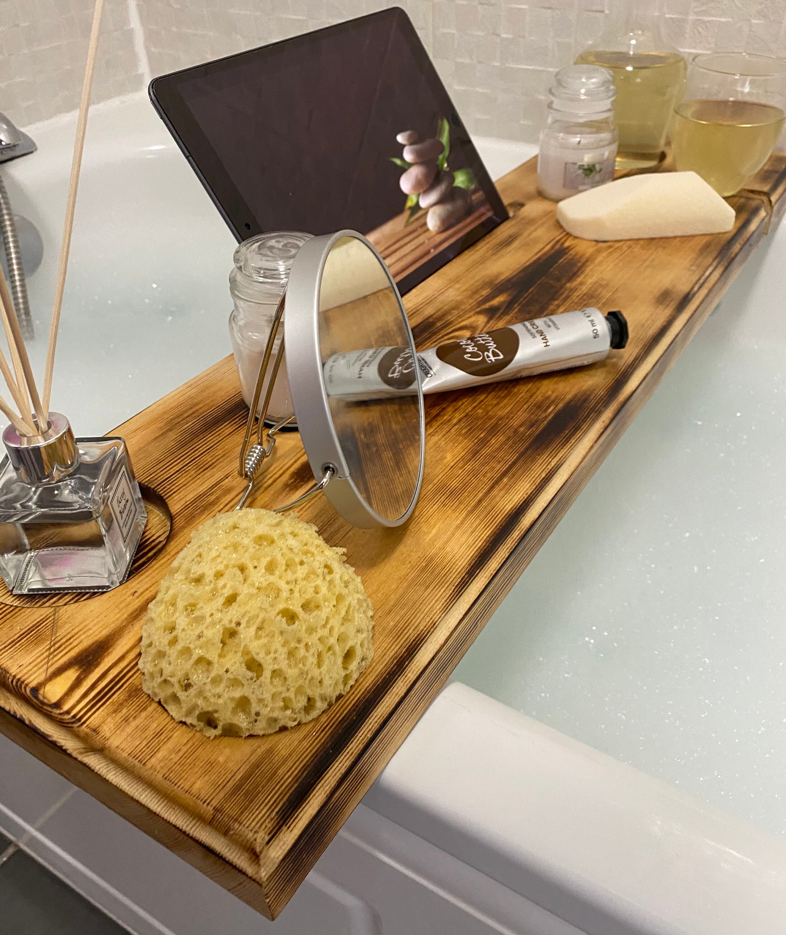 Wooden Bath board with wine tablet and candle holders. A Etsy