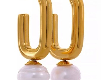 New 18K Gold Plated Big Pearl Chunky Hoop Earrings