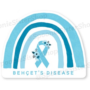 May include: A blue ribbon with white flowers is centered in a blue and white rainbow with the text "BEHÇET'S DISEASE" at the bottom.