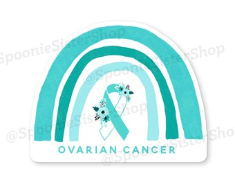 Regnbågsklistermärke med äggstockscancer, äggstockscancerklistermärke, äggstockscancermedvetenhetsdekal, sällsynt cancer, blågrönt band medvetenhetsklistermärke