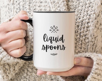 Spoonie Coffee Mug, Liquid Spoons Chronic Illness Mug, Funny Spoon Theory Coffee Mug, Liquid Spoons 15oz. Tall Black, Pink, or Red Mug