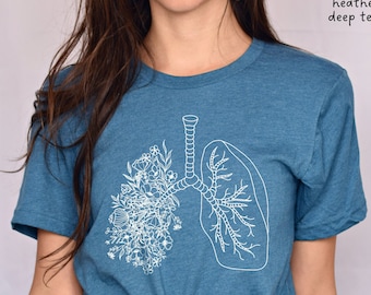 Chemise poumons, Chemise anatomie pulmonaire à fleurs, T-shirt poumons, Chemise mucoviscidose, Chemise asthme, Hypertension artérielle pulmonaire, Inhalothérapeute