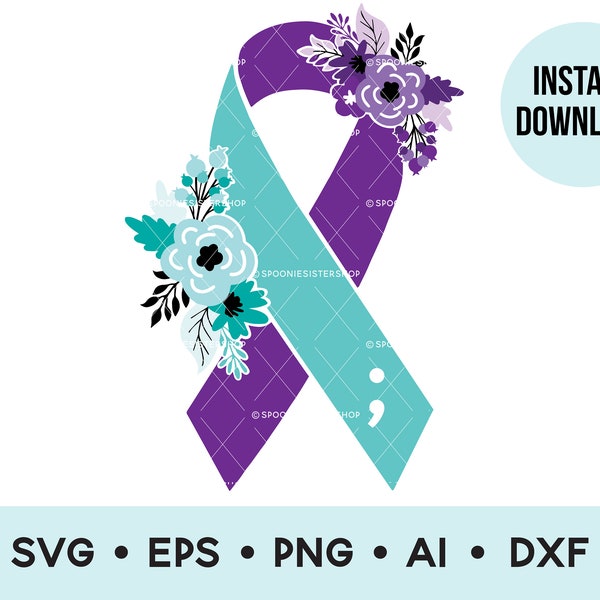 Semicolon Awareness Ribbon SVG, Suicide Prevention Ribbon PNG, Mental Health Awareness, Semicolon Ribbon Clip Art, Vector, Digital Download