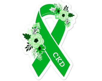 Chronic Kidney Disease Sticker, CKD Stickers, Floral Green Awareness Ribbon, Kidney Transplant Surgery, Chronic Kidney Disease Awareness