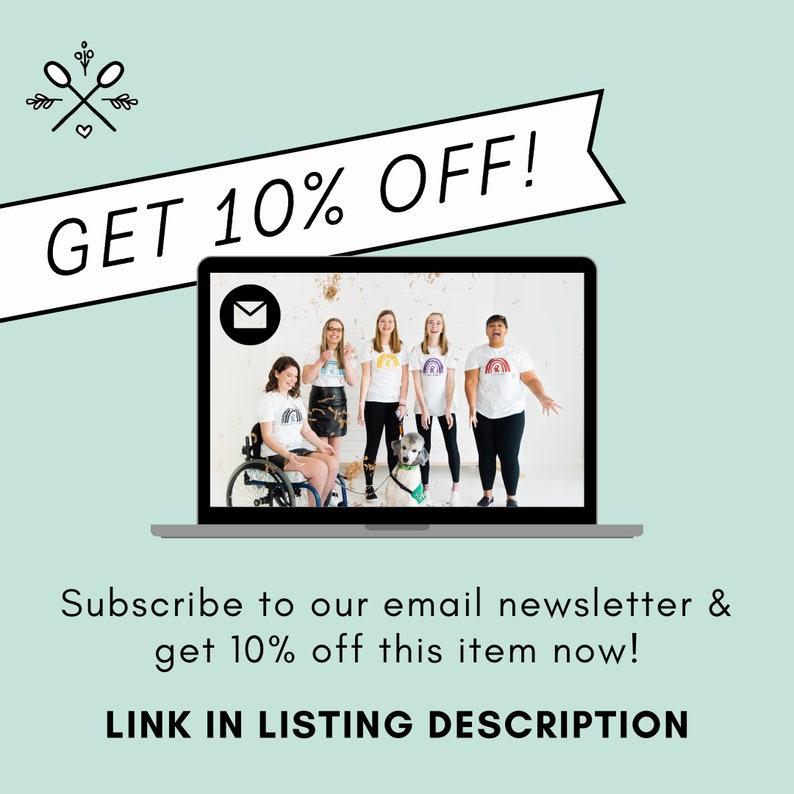 May include: A laptop computer screen shows a group of five people, including one person in a wheelchair, smiling and looking at the camera. The laptop screen has a white envelope icon in the top left corner. A banner across the top of the image reads "GET 10% OFF!" and the text below the image reads "Subscribe to our email newsletter & get 10% off this item now! LINK IN LISTING DESCRIPTION."