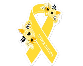 May include: Yellow awareness ribbon with a floral design and the text "SPINA BIFIDA".