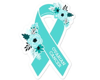 Klistermärke för äggstockscancer, klistermärken för medvetenhet om äggstockscancer, blågrönt medvetenhetsband för blommigt, present till cancerstöd, dekal för medvetenhetsband