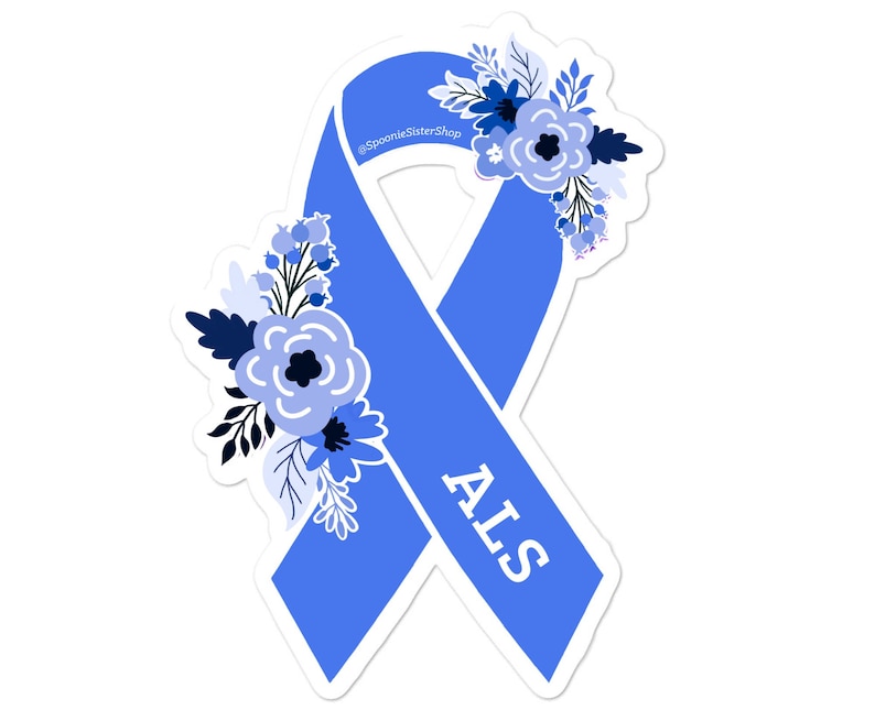 May include: Blue ribbon with a floral design and the word "ALS" in white lettering. The ribbon is a symbol of awareness for Amyotrophic Lateral Sclerosis.