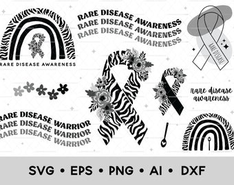 Rare Disease SVG Bundle, Rare Disease Awareness SVG, Rare Disease PNG, Zebra Awareness Ribbon, Clip Art Bundle, Digital Download, Vector Art