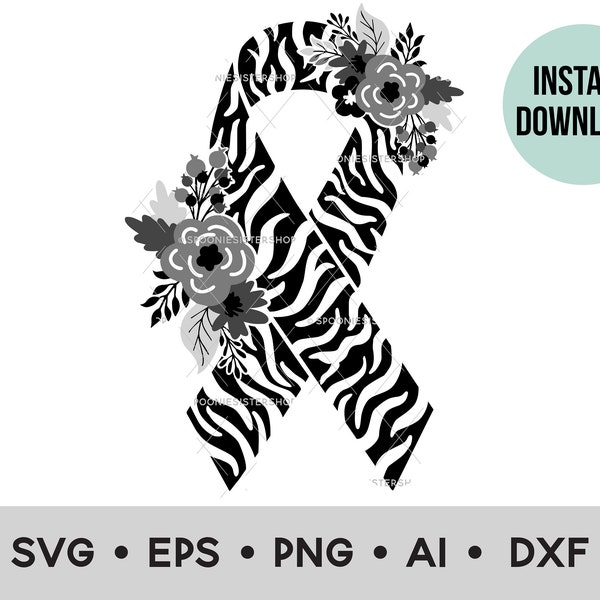 Zebra Awareness Ribbon SVG, Rare Disease Awareness Ribbon SVG, Zebra Ribbon, Floral Awareness Ribbon PNG, Digital Download, Commercial Use