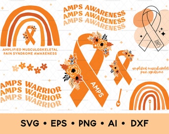 AMPS Svg Bundle, AMPS Awareness Svg, Amplified Musculoskeletal Pain Syndrome Clipart Bundle, Digital Download, Commercial Use, Orange Ribbon