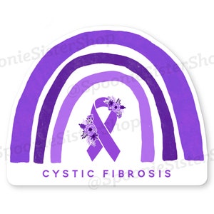 Puede incluir: Pegatina de arcoíris morado con una cinta morada y flores en el centro. El texto "CYSTIC FIBROSIS" está en la parte inferior de la pegatina.