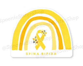 May include: Yellow rainbow with a yellow ribbon and floral accents. The text "SPINA BIFIDA" is at the bottom of the rainbow.