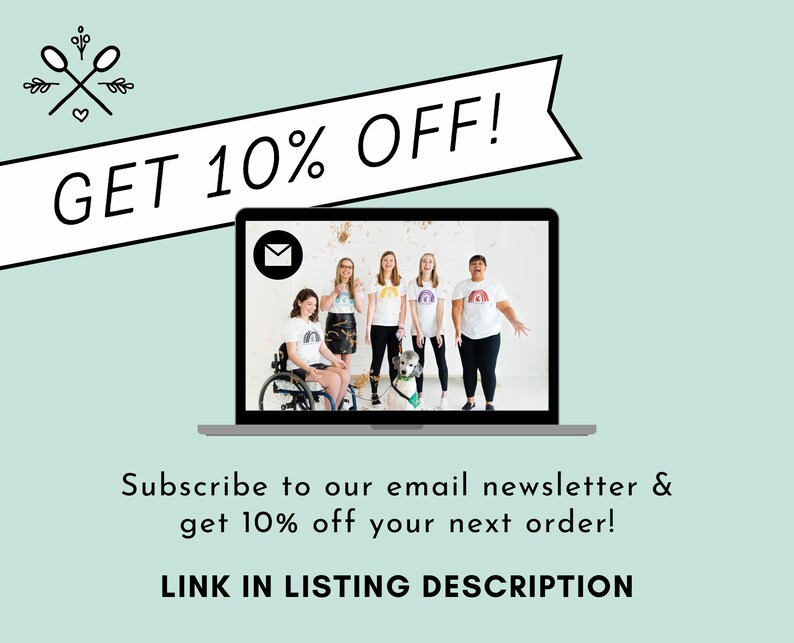 May include: A laptop computer screen shows a group of people smiling and standing in front of a white wall. The text "GET 10% OFF!" is on a white banner with a black outline. The text "Subscribe to our email newsletter & get 10% off your next order!" is below the laptop. The text "LINK IN LISTING DESCRIPTION" is below the text about the newsletter.