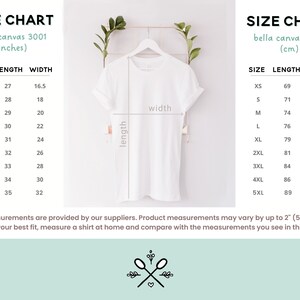 May include: Size chart for Bella Canvas 3001 t-shirts, showing measurements in inches and centimeters. The chart includes sizes XS to 5XL, with corresponding length and width measurements.