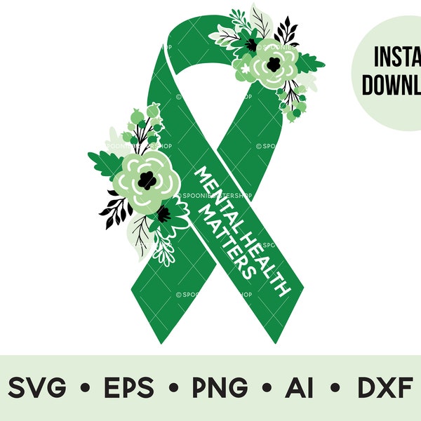 Mental Health Matters Ribbon SVG, Mental Health Awareness Ribbon PNG, Mental Health Clip Art, Green Awareness Ribbon SVG, Digital Download