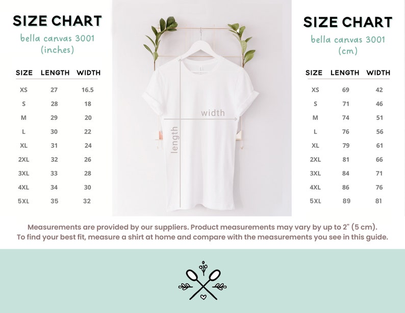 May include: Size chart for Bella Canvas 3001 t-shirts in inches and centimetres. The chart shows the length and width measurements for sizes XS to 5XL.