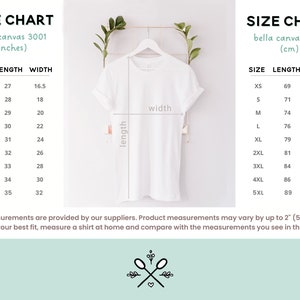 May include: Size chart for Bella Canvas 3001 t-shirts, showing measurements in inches and centimeters. The chart includes sizes XS to 5XL, with corresponding length and width measurements.