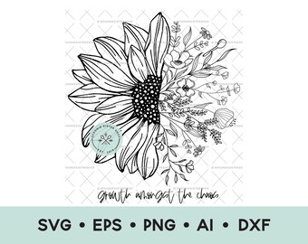 Growth Amongst The Chaos SVG, Spoonie Sunflower Clip Art, Spoonie Flower Clipart, Sunflower and Wildflowers, Commercial Use Digital Download