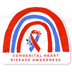 Rainbow CHD Sticker, Congenital Heart Disease Stickers, CHD Awareness Ribbon, Congenital Heart Defect Decal, Red and Blue Rainbow Sticker