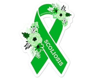 Scoliosis Sticker, Scoliosis Awareness Stickers, Floral Green Awareness Ribbon, Chronic Pain Gift, Scoliosis Awareness Ribbon Sticker