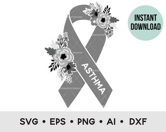 Asthma Ribbon SVG, Floral Asthma Awareness Ribbon SVG, Asthma PNG, Digital Download, Commercial Use, Asthma Support, Asthma Vector Graphic